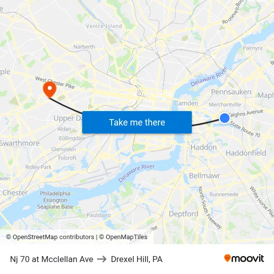 Nj 70 at Mcclellan Ave to Drexel Hill, PA map