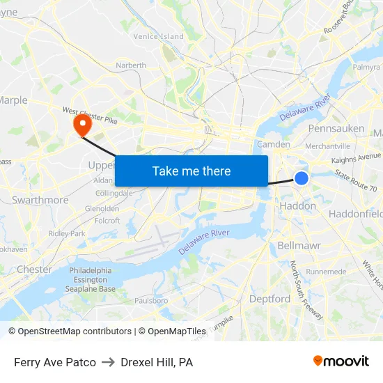 Ferry Ave Patco to Drexel Hill, PA map