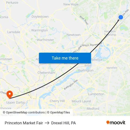 Princeton Market Fair to Drexel Hill, PA map