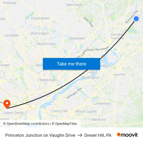 Princeton Junction on Vaughn Drive to Drexel Hill, PA map