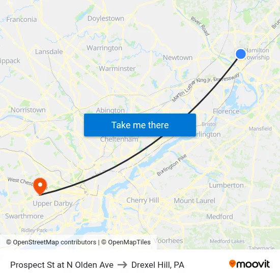 Prospect St at  N Olden Ave to Drexel Hill, PA map
