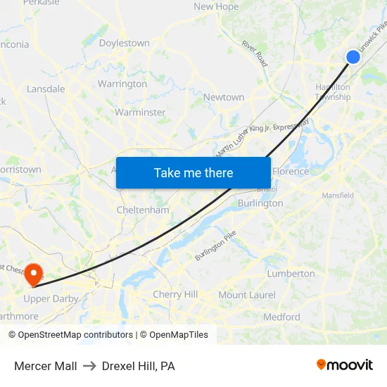 Mercer Mall to Drexel Hill, PA map