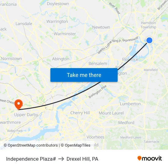 Independence Plaza# to Drexel Hill, PA map