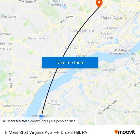 E Main St at Virginia Ave to Drexel Hill, PA map