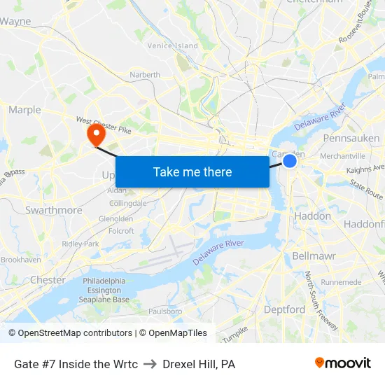 Gate #7 Inside the Wrtc to Drexel Hill, PA map