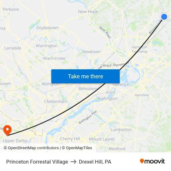 Princeton Forrestal Village to Drexel Hill, PA map