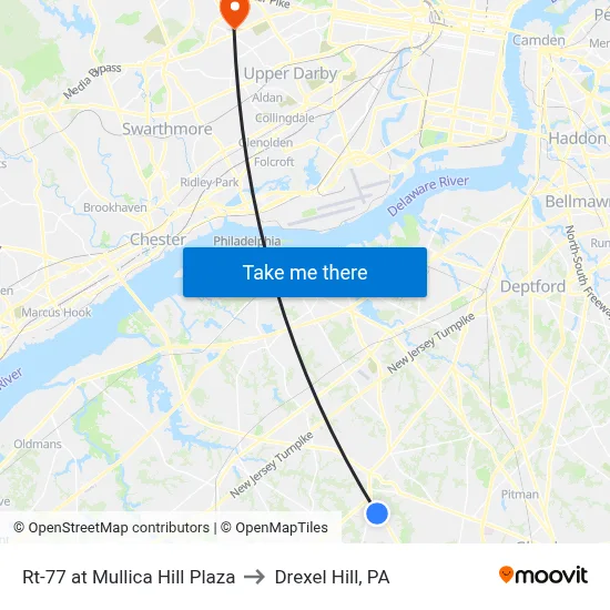 Rt-77 at Mullica Hill Plaza to Drexel Hill, PA map