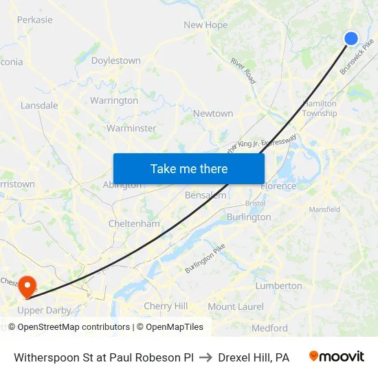 Witherspoon St at Paul Robeson Pl to Drexel Hill, PA map