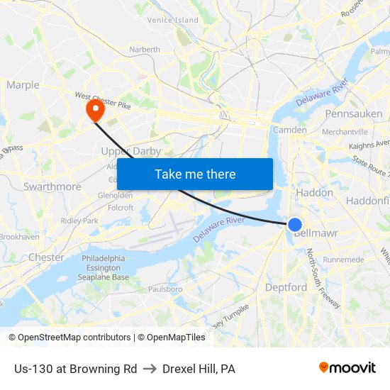 Us-130 at Browning Rd to Drexel Hill, PA map