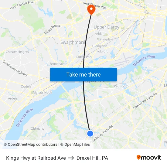 Kings Hwy at Railroad Ave to Drexel Hill, PA map