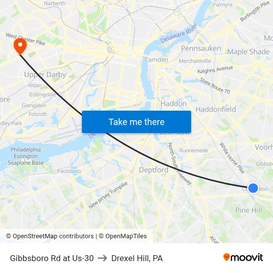 Gibbsboro Rd at Us-30 to Drexel Hill, PA map