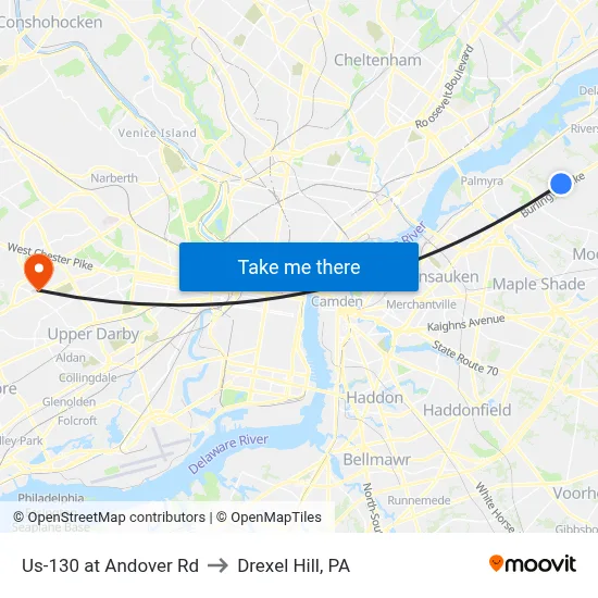 Us-130 at Andover Rd to Drexel Hill, PA map
