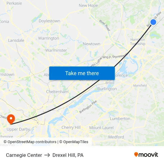 Carnegie Center to Drexel Hill, PA map