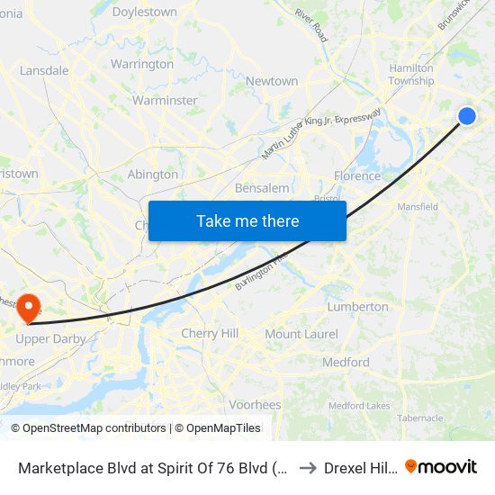 Marketplace Blvd at Spirit Of 76 Blvd (Chase Bank) to Drexel Hill, PA map