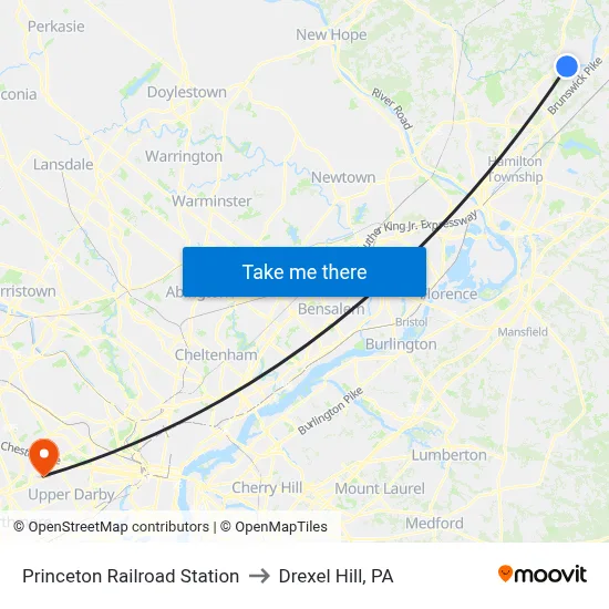 Princeton Railroad Station to Drexel Hill, PA map
