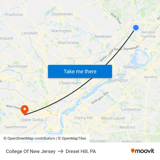 College Of New Jersey to Drexel Hill, PA map