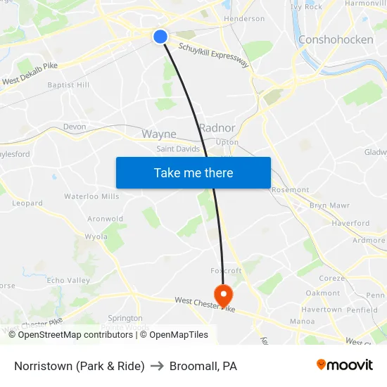 Norristown (Park & Ride) to Broomall, PA map