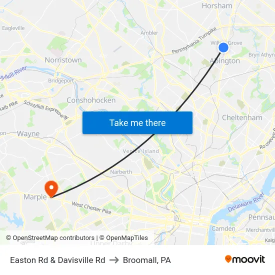 Easton Rd & Davisville Rd to Broomall, PA map