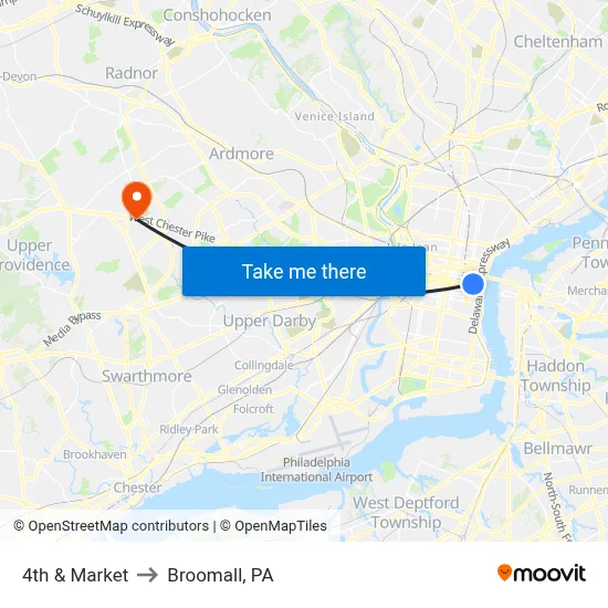 4th & Market to Broomall, PA map