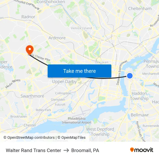 Walter Rand Trans Center to Broomall, PA map