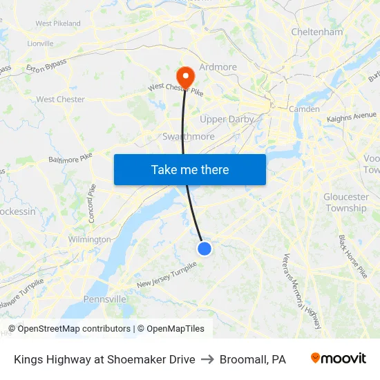 Kings Highway at Shoemaker Drive to Broomall, PA map