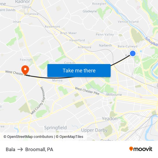 Bala to Broomall, PA map