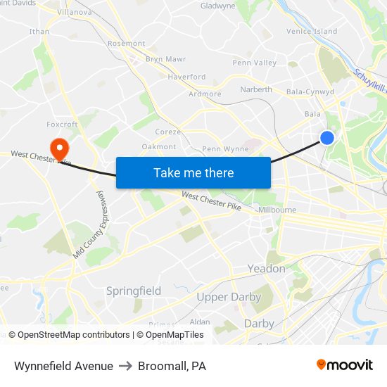 Wynnefield Avenue to Broomall, PA map
