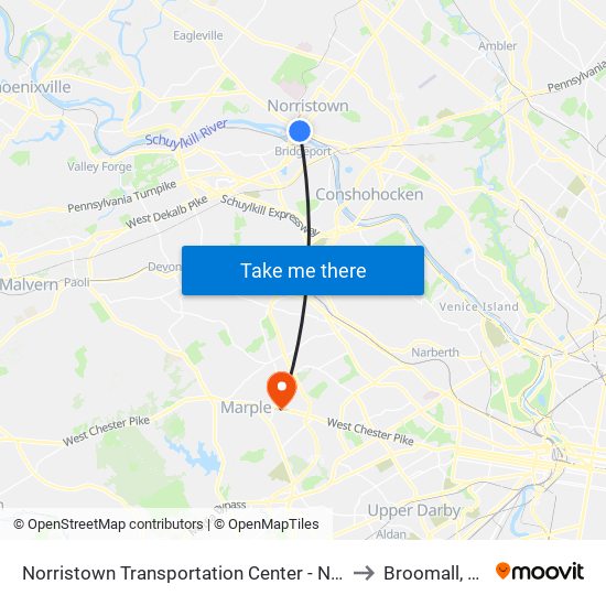 Norristown Transportation Center - Nhsl to Broomall, PA map