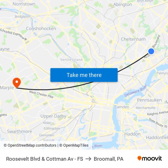 Roosevelt Blvd & Cottman Av - FS to Broomall, PA map