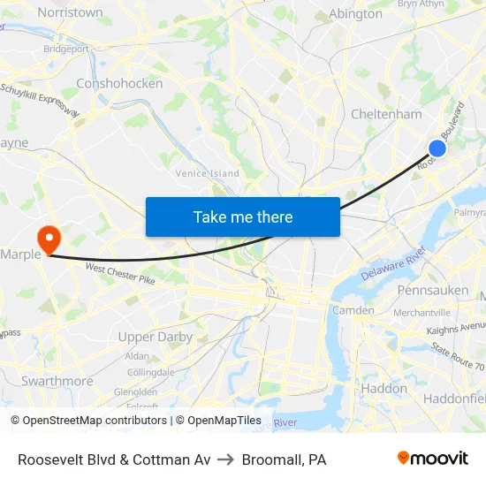 Roosevelt Blvd & Cottman Av to Broomall, PA map