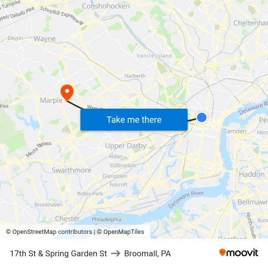 17th St & Spring Garden St to Broomall, PA map