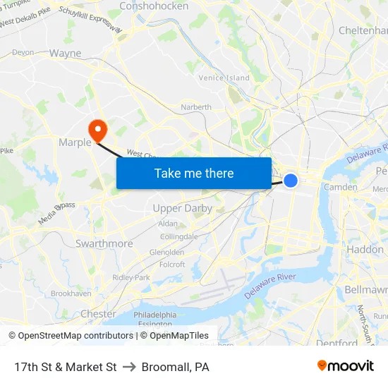 17th St & Market St to Broomall, PA map