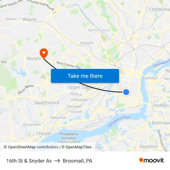 16th St & Snyder Av to Broomall, PA map