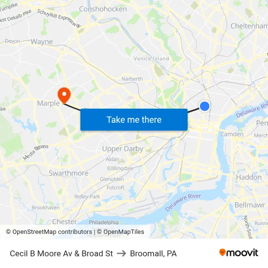 Cecil B Moore Av & Broad St to Broomall, PA map