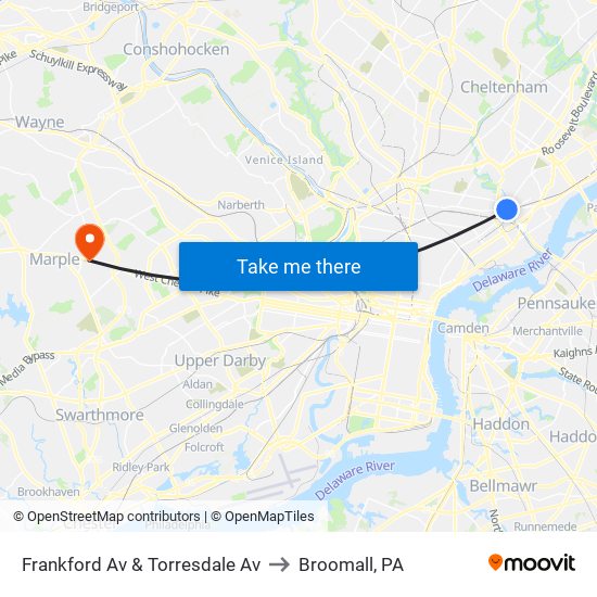 Frankford Av & Torresdale Av to Broomall, PA map