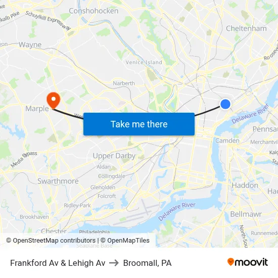Frankford Av & Lehigh Av to Broomall, PA map