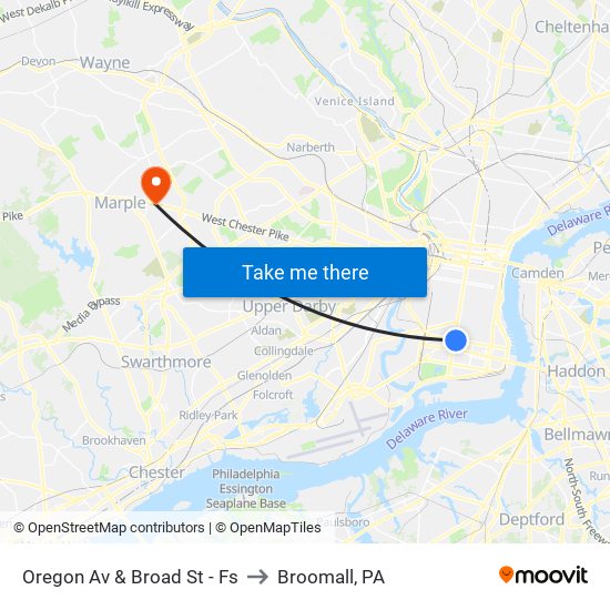 Oregon Av & Broad St - Fs to Broomall, PA map