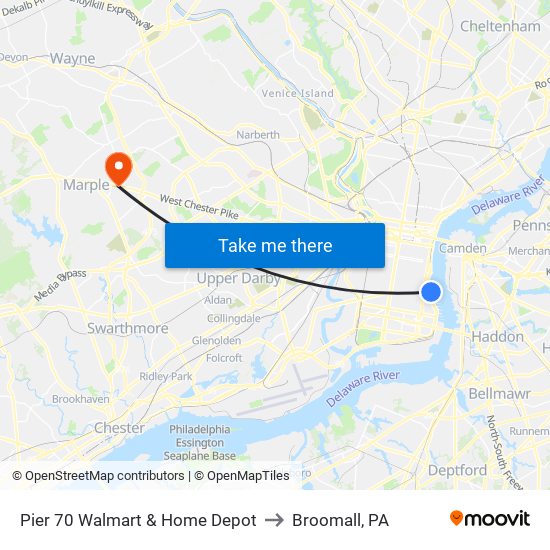 Pier 70 Walmart & Home Depot to Broomall, PA map