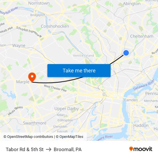 Tabor Rd & 5th St to Broomall, PA map
