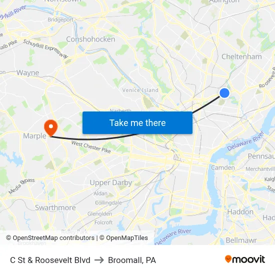 C St & Roosevelt Blvd to Broomall, PA map