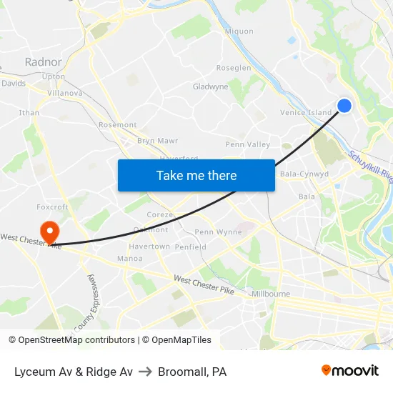 Lyceum Av & Ridge Av to Broomall, PA map