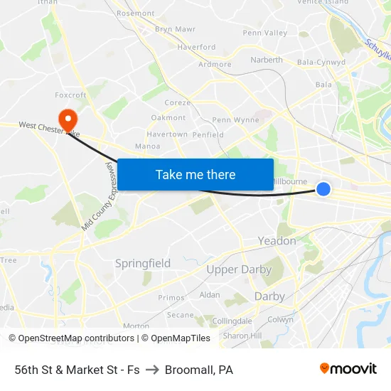 56th St & Market St - Fs to Broomall, PA map