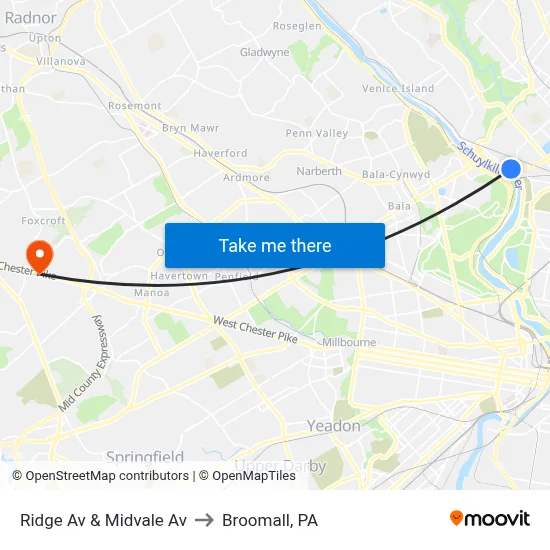 Ridge Av & Midvale Av to Broomall, PA map