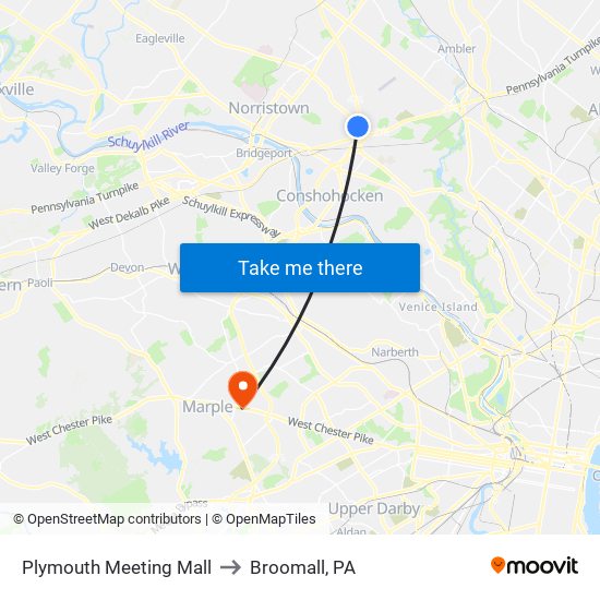 Plymouth Meeting Mall to Broomall, PA map