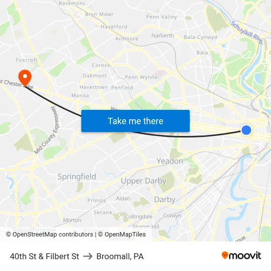 40th St & Filbert St to Broomall, PA map
