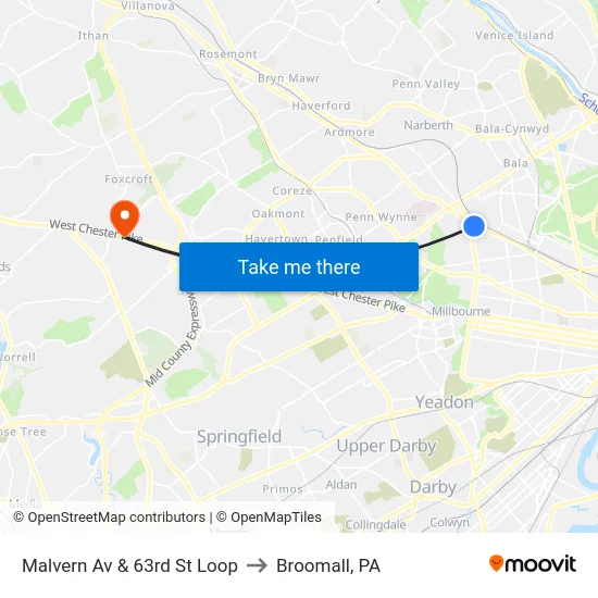 Malvern Av & 63rd St Loop to Broomall, PA map