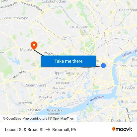 Locust St & Broad St to Broomall, PA map