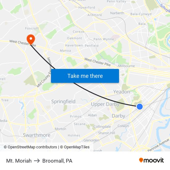 Mt. Moriah to Broomall, PA map