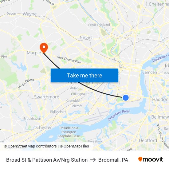 Broad St & Pattison Av/Nrg Station to Broomall, PA map