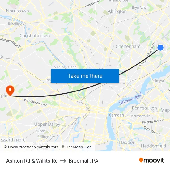 Ashton Rd & Willits Rd to Broomall, PA map